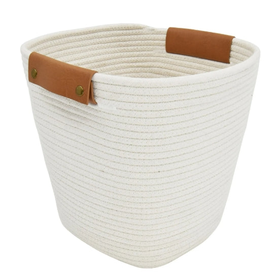 High Desert Rope Utility Basket with Removable Leather Handles – Cotton Rope Waste Bin for Bathroom or Desk