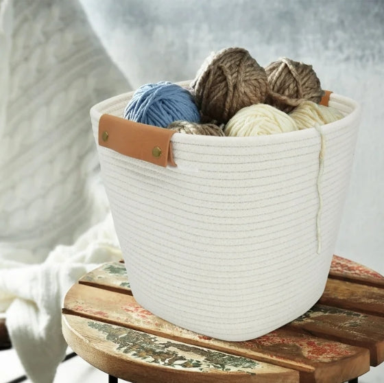 High Desert Rope Utility Basket with Removable Leather Handles – Cotton Rope Waste Bin for Bathroom or Desk