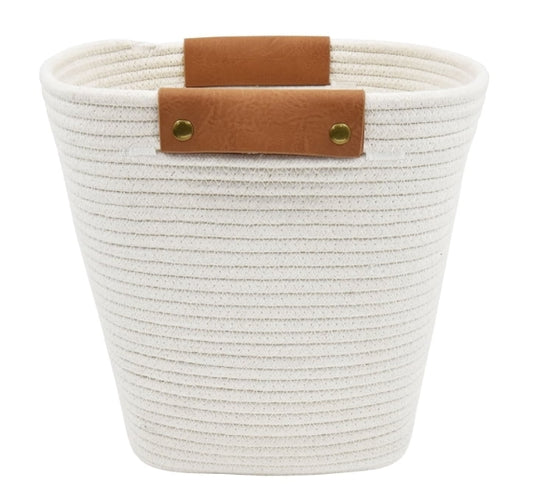 High Desert Rope Utility Basket with Removable Leather Handles – Cotton Rope Waste Bin for Bathroom or Desk